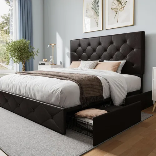 Vista 15 de WEEWAY Base de cama de plataforma de tamaño matrimonial con 4 cajones de almacenamiento, cabecera capitonada con botones de costura de diamante