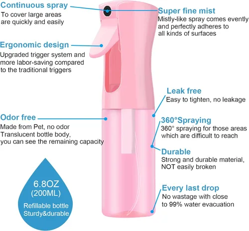Vista 9 de LERPOLOR Botellas de spray vacías, botella de spray continuo para cabello, botella de agua con spray de niebla fina recargable, cuidado de la piel