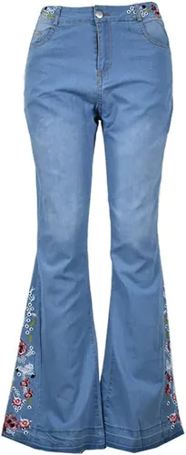 Vista 4 de Jeans acampanados con bordado floral para mujer, jeans elásticos acampanados, talla grande, pantalones de mezclilla de pierna ancha Y2k