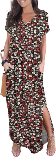 Vista 12 de GRECERELLE - Vestido largo para mujer, holgado, con bolsillos, manga corta y abertura lateral, estilo informal Verde militar