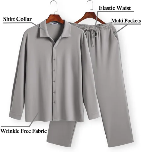 Vista 5 de COOFANDY Conjunto de 2 piezas para hombre, camisa de manga larga con botones, sin arrugas, camisas elásticas