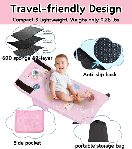 Vista 4 de Cama de avión para niños pequeños de 1 a 3 años, cama de viaje portátil con bolsa de transporte, extensor de asiento de avión y reposapiés