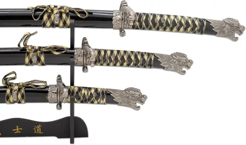 Vista 8 de Snake Eye Tactical Highlander Dragon Design Handle Samurai Katana - Juego de espada triple con soporte de espada