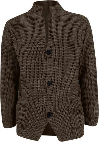 Vista 4 de Suéter de punto trenzado para hombre, cuello alto, con botones, de punto trenzado, ajuste delgado, cárdigan grande y alto, suéteres de punto térmico