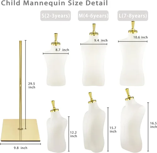 Vista 3 de Maniquí de forma de vestido para niños, maniquí ajustable para niños con soporte de metal dorado de alta estabilidad para exhibición de ropa, 2-3