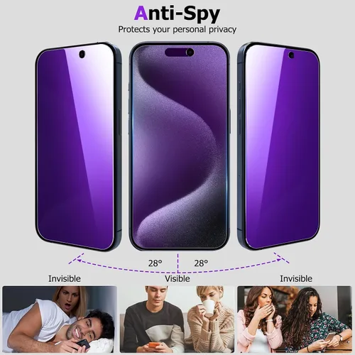 Vista 2 de Protector de pantalla de privacidad para iPhone 15 Pro Max con protector de lente de cámara, película de vidrio templado antiespía morado mate Azul
