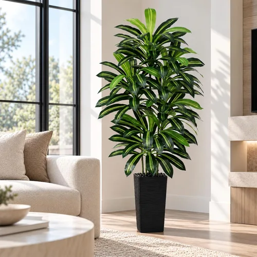 Vista 22 de Árbol de Dracaena artificial rojo de 6 pies, plantas falsas altas Hoja blanco-roja