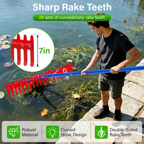 Vista 2 de Rastrillo para estanque acuático, rastrillo de malezas para estanque o lago con dientes de metal de 7 pulgadas, mango de extensión de 11 pies