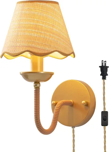 Vista 8 de Aplique de Pared de Ratán, Lámpara de Pared Boho Tejida a Mano en Oro, Iluminación de Aplique de Ratán Moderna y Rústica, Lámparas de Pared