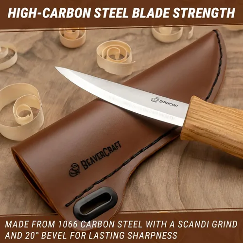 Vista 6 de Cuchillo para tallar madera BeaverCraft C4s 3" - Cuchillo de tallado con funda de cuero para talladores - Herramientas de tallado de madera