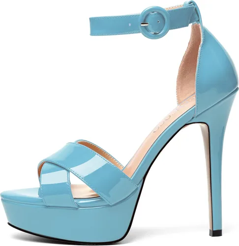 Vista 128 de MODENCOCO Sandalias de boda con correa de tobillo sexy para mujer, con plataforma y puntera abierta, tacón de aguja y tacón alto, zapatos de vestir