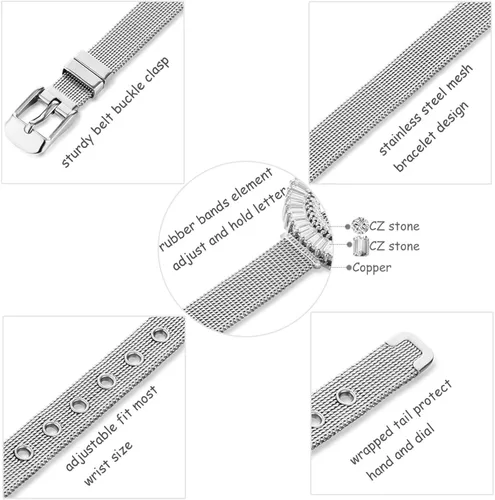 Vista 5 de Pulsera de acero inoxidable para mujer, con 26 letras del alfabeto, pulsera con hebilla de cinturón