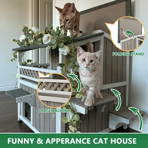 Vista 4 de Casa para gatos resistente a la intemperie con balcón grande, refugio