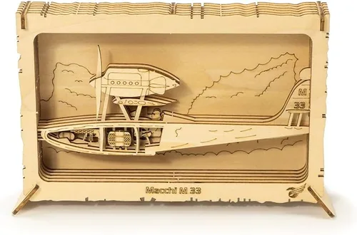 Vista 2 de Viloga Rompecabezas de madera 3D, modelo de aviones, marco de avión modelo de madera de balsa Macchi M33, kit de modelo de corte láser, marco