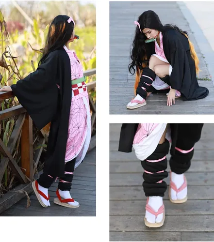 Vista 4 de Anime Demon Slayer Cosplay Clog Shoes Tanjiro Nezuko Rengoku Shinobu Costume Shoes with Socks Flip Flops