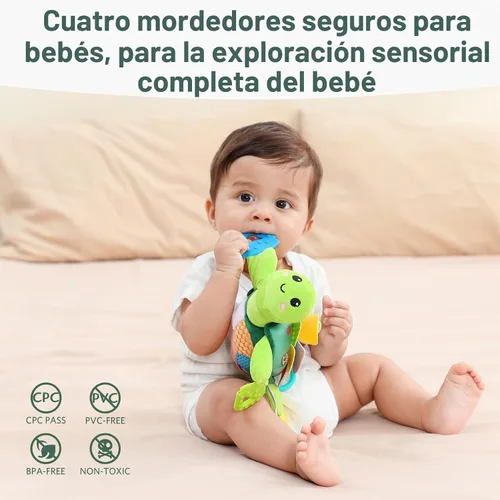 Vista 5 de Juguetes sensoriales para bebés de 0 a 6 a 12 meses, 6 en 1 con forma de Tortuga verde