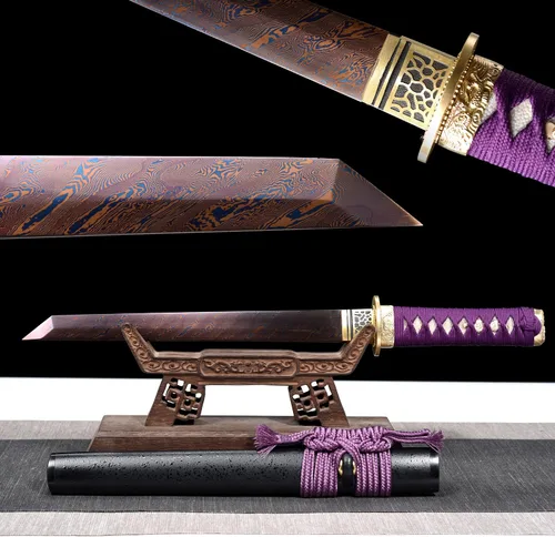 Vista 4 de Espada samurái de acero al carbono, espada pequeña japonesa Tanto espada pequeña Katana de espiga completa (morado)