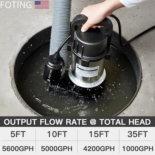 Vista 9 de FOTING 1HP - Bomba de sumidero sumergible para aguas residuales/efluentes de 5600 GPH de 40 pies, de hierro fundido resistente, automática/manual