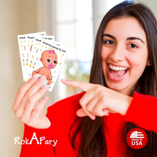 Vista 5 de RokAPary Baby Shower Girl Scratch Off Poop Game - Juego fácil de jugar, idea divertida, actividad rompehielos. Tarjetas de rifa, chupete rosa, juego
