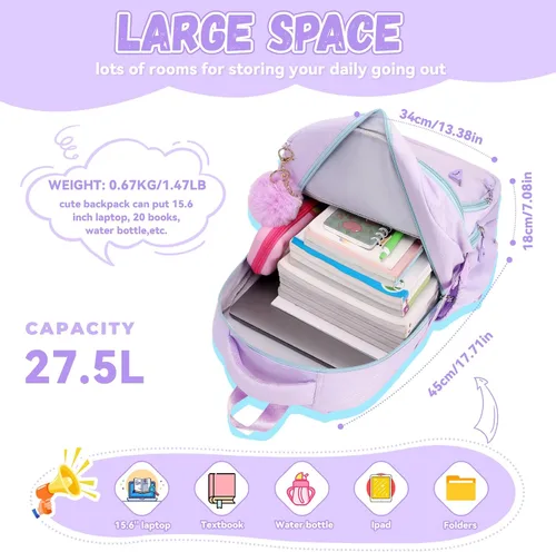 Vista 6 de MOONBABY Mochila para niñas para la escuela, bolsa de libros Kawaii para estudiantes de primaria, niños, adolescentes y adultos