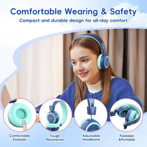 Vista 6 de KVIDIO Auriculares con cable para niños, volumen seguro de 85/94 dB, sobre la oreja con micrófono integrado, aislamiento de ruido, ajustable
