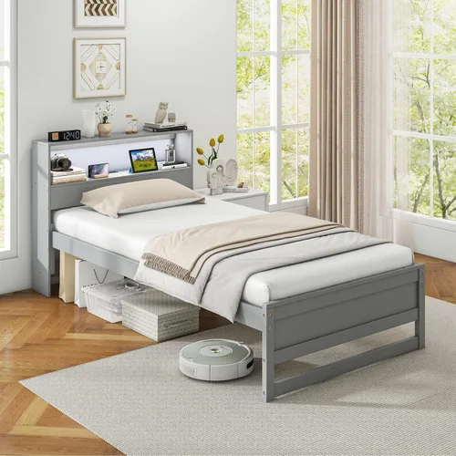 Vista 3 de Giantex Base de cama individual con cabecera de almacenamiento, plataforma de madera con estación de carga y luz LED, cama individual con soporte