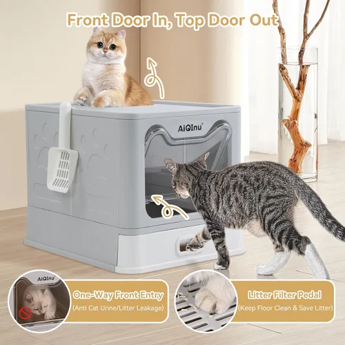 Vista 4 de AiQInu Caja de arena plegable de acero inoxidable para gatos con tapa y cuchara, caja de arena de metal cerrada grande con lados altos, antifugas