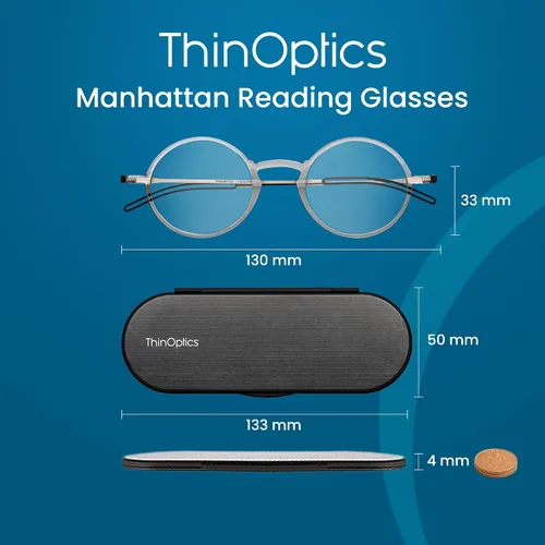 Vista 3 de ThinOptics Frontpage Manhattan - Gafas de lectura y funda de aluminio Milano Funda regular/transparente redonda