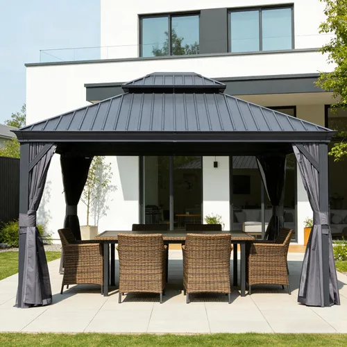 Vista 48 de Domi - Cenador de techo rígido de 8 x 8 pies con malla y cortinas, cenador para exteriores con techo doble de acero galvanizado para patio, césped