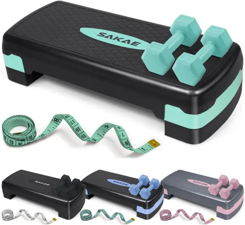 Vista 8 de Juego de Step Aeróbico con Mancuernas y Cinta Métrica, Altura Ajustable con Elevadores de 2 Niveles, Plataforma de Step para Ejercicios