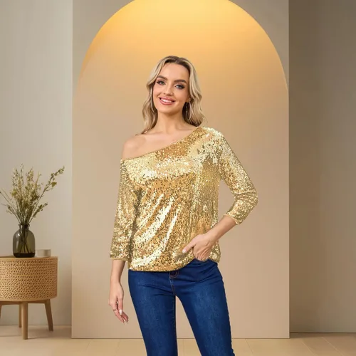 Vista 3 de Camiseta sin mangas con lentejuelas brillantes y hombros descubiertos para mujeres, Blusa, Camiseta para cóctel, informal, con lentejuelas