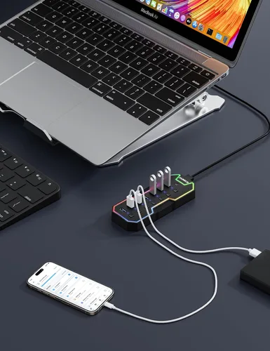 Vista 8 de ZIUMIER Hub USB 3.0, expansor USB de 7 puertos con tira LED RGB, concentrador USB para laptop, interruptores LED individuales de encendido/apagado