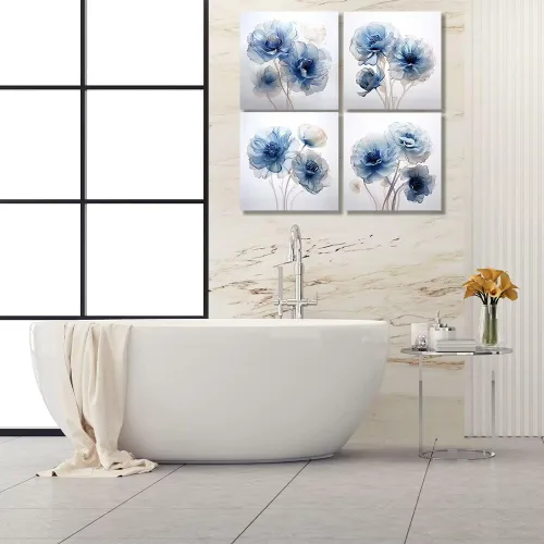 Vista 74 de Wall HDQ Arte de pared de flores para baño, dormitorio, sala de estar, decoración de pared azul y naranja, pintura floral, lienzo impreso, imagen