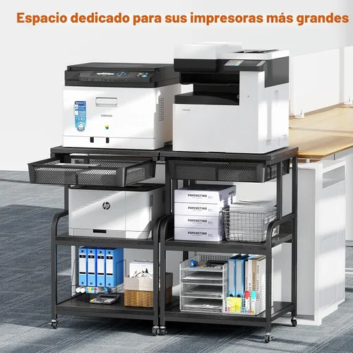 Vista 2 de EasyCom Soporte de impresora grande con cajón de almacenamiento, 5 estantes ajustables y carrito rodante de 3 niveles con ruedas industriales
