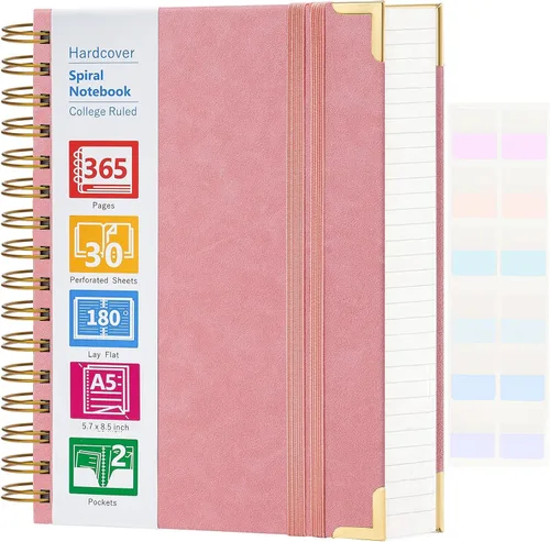 Vista 22 de Cuaderno en espiral, cuaderno de cuero de tapa dura de 365 páginas, diario de gran formato A5 para mujeres y hombres, cuadernos rayados