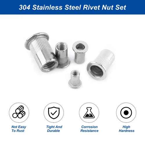 Vista 2 de Tuercas remachadoras de 1/4"-20 – 50 tuercas remachables de acero inoxidable, tuerca de inserción de cabeza plana con cuerpo moleteado