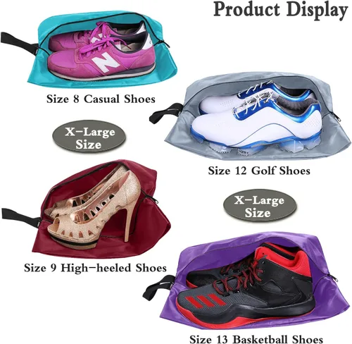 Vista 5 de Juego de 4 bolsas de zapatos de viaje de nailon impermeable con cremallera para hombres y mujeres, Varios colores, Paquete de 4 colores mixtos