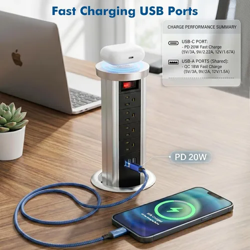 Vista 2 de BTU Toma de corriente desplegable para encimera, receptáculo con USB C y 4 salidas de CA, toma de corriente empotrada con cargador inalámbrico de 10