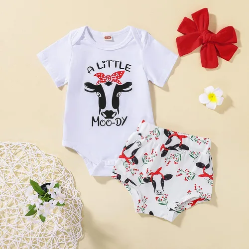 Vista 2 de Conjunto de 3 piezas de ropa occidental con estampado de vaca de manga corta para bebé y niña, conjunto de 0 a 24 meses