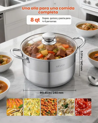 Vista 5 de VEVOR Olla de acero inoxidable, olla de acero inoxidable de 8 cuartos con tapa de vidrio, sin PFOA, sin PFAS, compatible con estufas de gas, cocinas