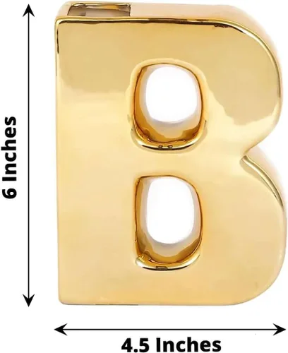Vista 3 de Efavormart.com Maceta de cerámica chapada en oro brillante de 6" con escultura de letra B, florero para plantas de brotes, pieza central de mesa