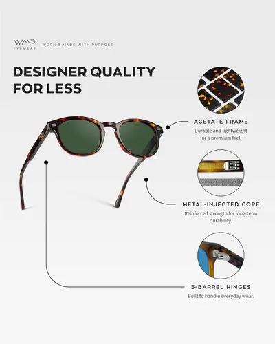 Vista 6 de WMP Eyewear - Lentes de sol polarizados ovalados retro redondos para hombre, marco de acetato ligero, protección UV, diseño de núcleo de metal