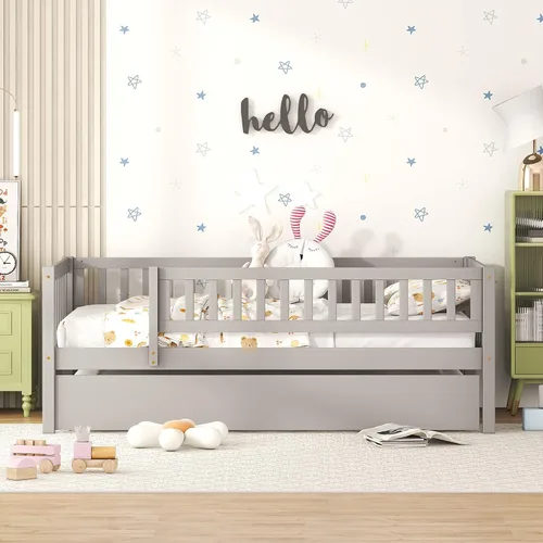 Vista 3 de Base de cama de tamaño individual con barandillas nido y vallas, camas infantiles de madera estilo Montessori con soporte de tablillas, sofá cama