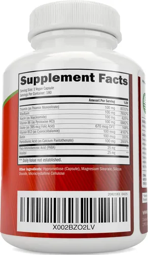 Vista 3 de Complejo de vitamina B – 8 vitaminas del complejo súper B con colina e inositol, vitaminas B1, B2, B3, B5, B6, B8, B9 y B12 – Complejo B100 – 180