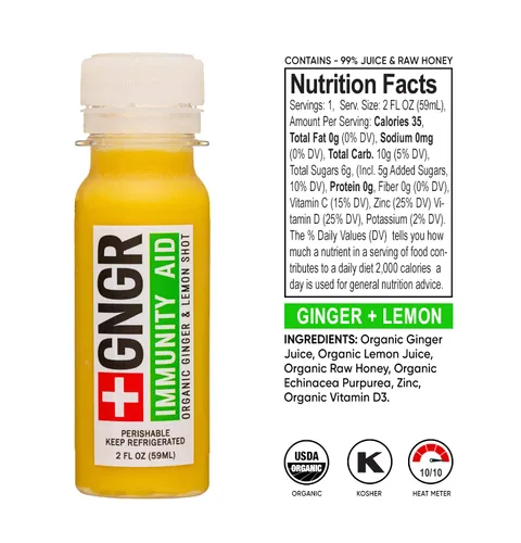 Vista 5 de +GNGR Paquete variado de 12 chupitos de jengibre orgánico. Prensado en frío, sin conservantes. Jugo de jengibre, raíz de cúrcuma, jugo de limón
