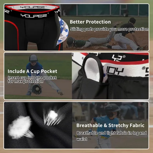 Vista 3 de Youper Pantalones cortos deslizantes acolchados para niños con copa atlética protectora suave para béisbol, fútbol americano, lacrosse