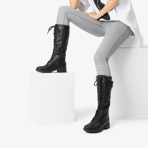 Vista 9 de DREAM PAIRS - Botas de poliuretano a la rodilla para mujer, estilo de equitación o combate