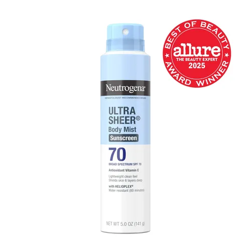 Vista 2 de Neutrogena Ultra Sheer Body Mist - Protector solar en aerosol de amplio espectro, SPF 70, protector solar en aerosol ligero, no graso y resistente