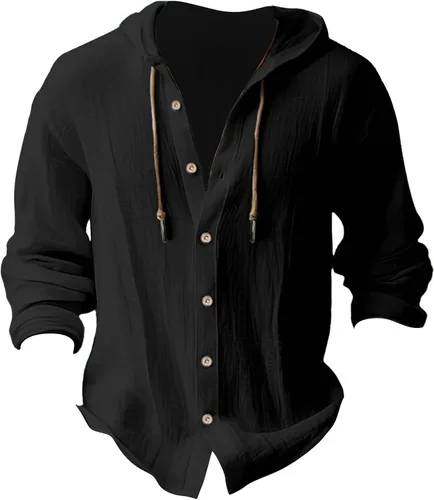 Vista 3 de Camisa de lino para hombre, manga larga, para verano, casual, holgada, grande y alta, con botones, de algodón, para vacaciones