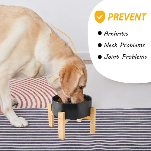 Vista 5 de Cuenco elevado de cerámica de 6 pulgadas para perros – Tazón de comida y agua para perros de 30 onzas con soporte elevado de bambú antideslizante